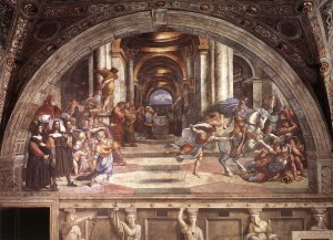 Raffaello Sanzio: La cacciata di Eliodoro dal tempio, Stanza di Eliodoro, cm. 750 (base), Vaticano.